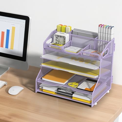 YINGHUA 5 Tier Paper Tray Letter Organizer with Top 6 Adjustable Compartments - Paper Sorter Office Desktop Accessories with Handles for Document,Mail,School Supplies Storage,Purple - color: 5 Tier-purple