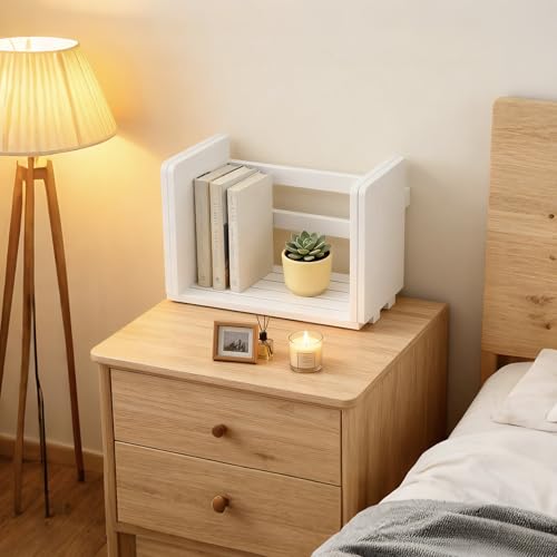 MyGift White Wood Desktop Bookshelf Organizer, Expandable Adjustable Display Shelf Book Rack - color: White