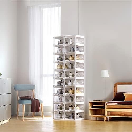 ANTBOX Foldable Shoe Rack,Shoe Organizers for Closet Plastic Shoe Storage Box Space Saving for Entryway, Large Sturdy Stackable Sneaker Cabinet Bins with Magnetic Clear Door 8 Tiers 16 Pairs - color: Clear, size: 8 Tiers 16 Pairs