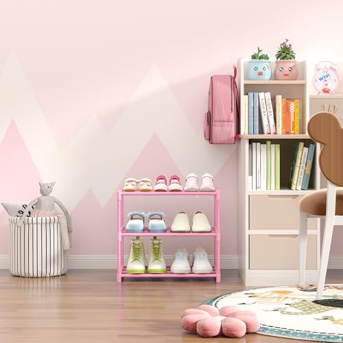 HITHIM 3-Tier Pink Shoe Racks for Women/Girls/Kids' Closet, Small Shoe Storage for 5-7 Pairs, Lightweight Stackable Shoe Shelf Organizer for Entryway, Front Door Entrance, Bedroom - color: Pink, size: 3-Tier