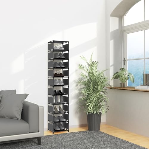Vertical Shoe Rack, 10 Tier Narrow Shoe Rack for Closet & Entryway, Space Saving Tall Shoe Organizer for Small Spaces, Sturdy Metal Stackable Shoe Shelf Tower for Boots & Heels, Black - color: Black