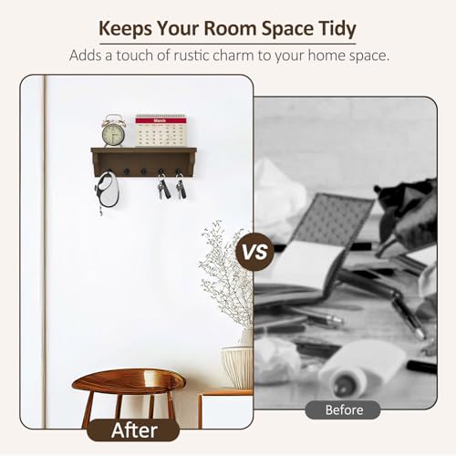 Nekon Key Holder for Wall, 11.8" W x 3.5" H x 2.8" D Decorative Key Organizer with Floating Shelf, Wall Mount Key Rack with 5 Hooks (Rustic Brown) - color: Rustic Brown