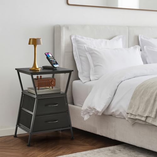 Side Tables for Bedroom Nightstand with 2 Cloth Drawer Bedside Table with Storage End Tables Living Room Sofa Couch - color: Black