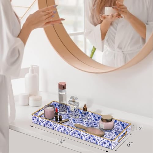 MAONAME Blue Decorative Tray, Plastic Serving Tray with Handles, Rectangular Moroccan Trays, Long Narrow Trays for Bathroom, Kitchen Counter, 13.8" X 6" X 1.57" - color: Blue-moroccan