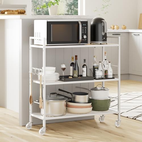 3-Tier Metal Storage Rack with Industrial Wheels,Mesh Shelving Unit with Wooden Table top,Adjustable Shelf,31.5-Inch Width, for Kitchen, Laundry,Pantry,Plant,Oak panel and white frame - color: Oak Panel, size: 3 Tier (31.5"W x 11.8"D)
