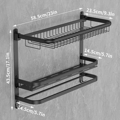 CAXIMSY Foldable 23.22 Inch Rowel Rack Wall Mounted with Bathroom Shower Shelves Stainless Steel Towel Bar Without Drilling and Screw Installation (Black) - color: Black