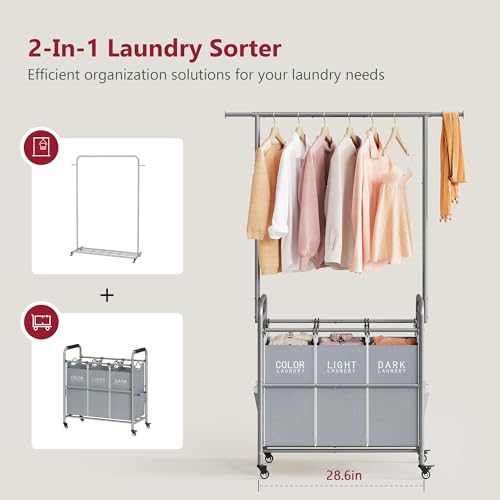 Tajsoon Laundry Sorter with Hanging Bar, 3 Section Rolling Laundry Hamper with Heavy Duty Lockable Wheels, Laundry Basket with Hanging Rack for Bedroom, 3 Gray - color: Gray, size: 3 bag