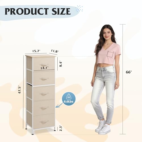 WLIVE Fabric Dresser, 5-Drawer Tall Dressers for Bedroom, Storage Dresser Organizer with Fabric Bins, Wood Top, Sturdy Steel Frame, Chest of Drawers for Closet, Hallway, Cream White - color: Cream White