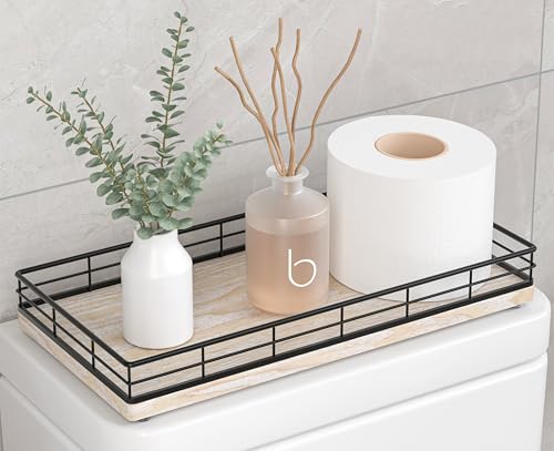 Toilet Paper Basket Organizer – Ash Wood Toilet Tank Tray with Metal Frame, Bathroom Counter Top Storage for Toilet Paper Wipes & Decor, Modern Narrow Back of Tank Shelf Organizer, Black & Whitewashed - color: Black & Whitewashed, size: 13" x 6.5" x 2"