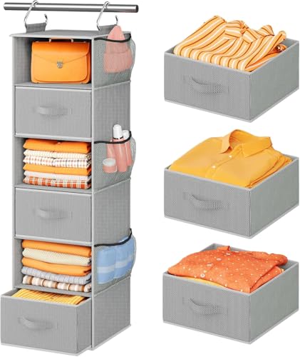 Pipishell Hanging Closet Organizer 6-Shelf, Hanging Shelves for Closet with 3 Removable Drawers & Side Pockets for Bedroom, Garment Rack and Wardrobe Organization, 12' x 12' x 43.3', Dark Gray - color: Grey