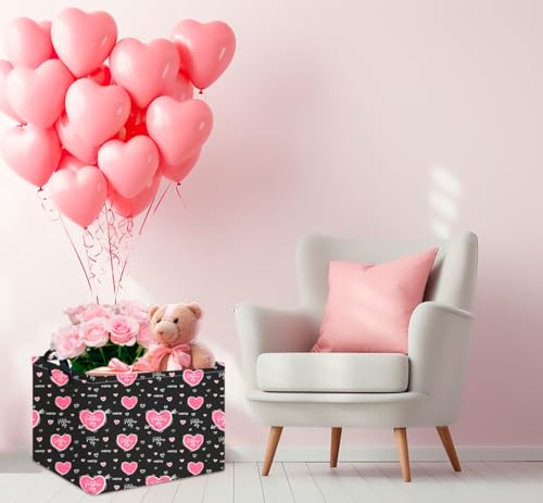 CLOCOR Rectangular Black Heart Gift Basket for Valentines' Day, Collapsible Cute Pattern Storage Bin,Waterproof Books Box with Handles,Gift Basket(Happy Valentine) - color: Happy Valentine