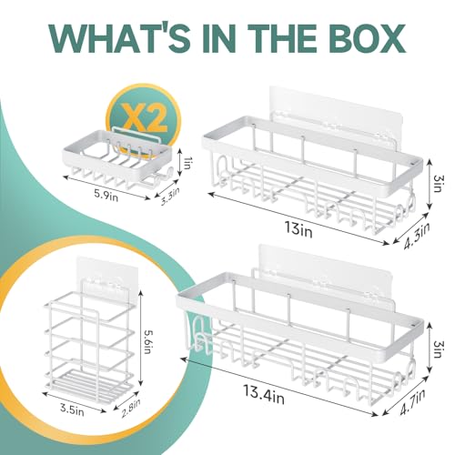 Veken Adhesive Shower Caddy 5-Pack,Heavy Weight Bearing,Large Wall Mounted Shower Shelves Rack,Organizer Storage Accessories with Soap Dish&Toothbrush Holder,Ideal for Bathroom,Home&Kitchen,White - color: D. White