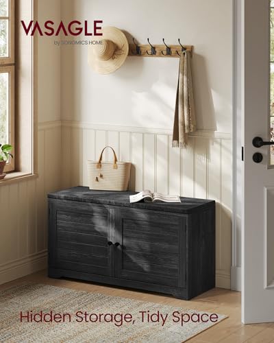 VASAGLE Shoe Storage Bench with Cushion, 3-Tier Entryway Bench with Padded Seat, Doors, Adjustable Shelves, 14 x 39.8 x 20.7 Inches, for Hallway, Bedroom, Charcoal Gray and Ink Black ULSB044B01 - color: Charcoal Gray + Ink Black, size: 14"D x 39.8"W x 20.
