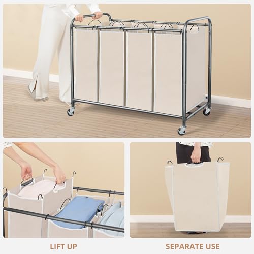 STORAGE MANIAC Laundry Sorter 4 Section, 47.8 Gal (181 L) Laundry Hamper with Wheels, Clothes Divider Basket Sorter, Clothes Separator Hamper Cart with Wheels and Removable Bags, Beige - color: Beige, size: 4 Section