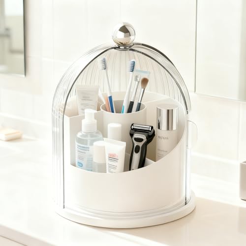 Makeup Brush Holder Organizer with Lid,360° Rotating Makeup Organizer Countertop,5 Compartments Make Up Brush Organizers for Makeup Brushes,Cosmetics,Skincare,Nail Polish,Toothbrush,Dustproof - color: White-Small
