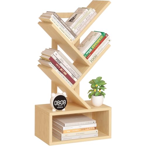 SHEEPAM Small Tree Book Shelf,5 Tier Black Tree Bookshelf,Wood Desktop Bookcase,Modern Desk Display Storage Bookshelves,Floor Standing Organizer Bookcases for Living Room,Bedroom,Office - color: Natural, size: 5 Tier