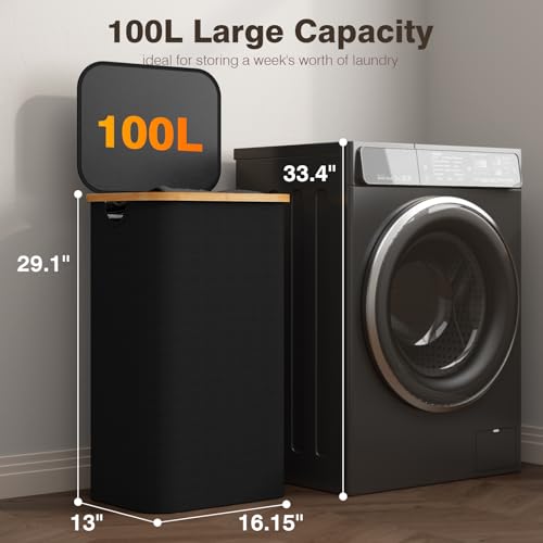 100L Laundry Hamper with Lid, Large Laundry Basket with Bamboo Handles, Clothes Hampers for Laundry with Removable Bag, Dirty Clothes Hampers for Bedroom Aesthetic, Black - color: Black