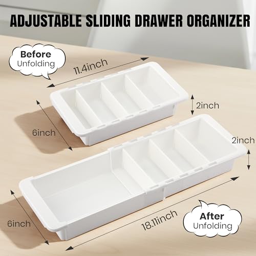 Enhon Expandable Sliding Drawer Organizer for Kitchen Drawers, Deep Drawer Organizer Tray with Adjustable Dividers, Sliding Kitchen Drawers Tray for Utensils, Silverware & Accessories, 11.4”–18”,White
