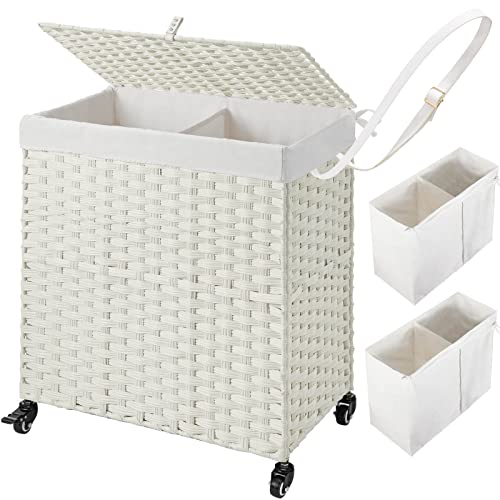 Greenstell Laundry Hamper with Wheels, No Install Needed, 110L Divided Handwoven Hampers & 2 Removable Liner Bags, Rattan Clothes Laundry Basket with Lid & Handles, Foldable Hampers White - color: White, size: 110L: 22.0x13.5x26.4 Inches