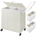 Greenstell Laundry Hamper with Wheels, No Install Needed, 110L Divided Handwoven Hampers & 2 Removable Liner Bags, Rattan Clothes Laundry Basket with Lid & Handles, Foldable Hampers White - color: White, size: 110L: 22.0x13.5x26.4 Inches