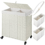 Greenstell Laundry Hamper with Wheels, No Install Needed, 110L Divided Handwoven Hampers & 2 Removable Liner Bags, Rattan Clothes Laundry Basket with Lid & Handles, Foldable Hampers White - color: White, size: 110L: 22.0x13.5x26.4 Inches
