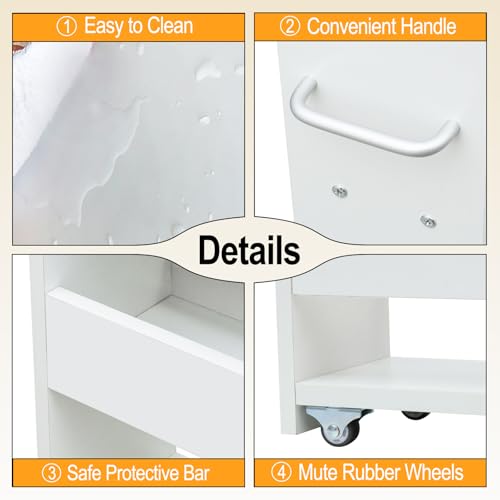 MARTY Wood Rolling Storage Cart 7.9" W, 3 Tier White Slim Utility Kitchen Cart on Wheels Laundry Room Bathroom Organizers Narrow Shelves with Handle Mobile Shelving Unit for Small Places - color: White