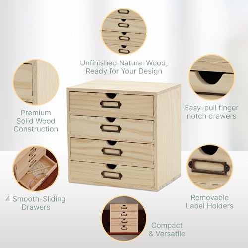 DIY Wooden Desk Organizer with Drawers – Unfinished 4-Drawer Desktop Storage Box – Personalizable Wood Desk Organizer for Crafts, Office, or Home – Compact Wooden Storage Drawers Ready to Decorate - color: DIY Plain Wood