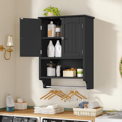 TEENFON Bathroom Wall Cabinet with Adjustable Shelves and Towel Rack, Wall Mounted Over The Toilet Storage Cabinet for Bathroom, Living Room, Black - color: Black With Towel Bar