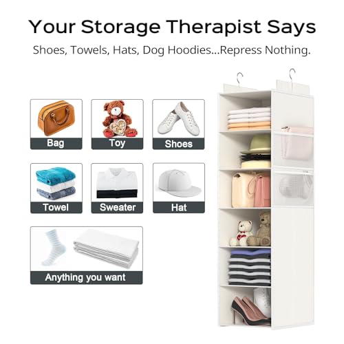ALLTIDYUP Extra Deep Hanging Closet Organizer with Shelves and Oversized Mesh Pockets, Heavy-Duty Structure, No Deformation, Max Storage for Clothes, Shoes, Hats, Dorms and RVs,1-Pack (White, 6 Tier) - color: White, size: 6 Tier