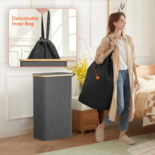 Lifewit 75L Slim Laundry Hamper with Lid, Narrow Laundry Basket with Removable Bag & Bamboo Handles, Fodable Thin Dirty Clothes Hamper for Laundry Collapsible Bin for Bathroom Bedroom Dorm, Dark Gray - color: Dark Gray, size: 75L