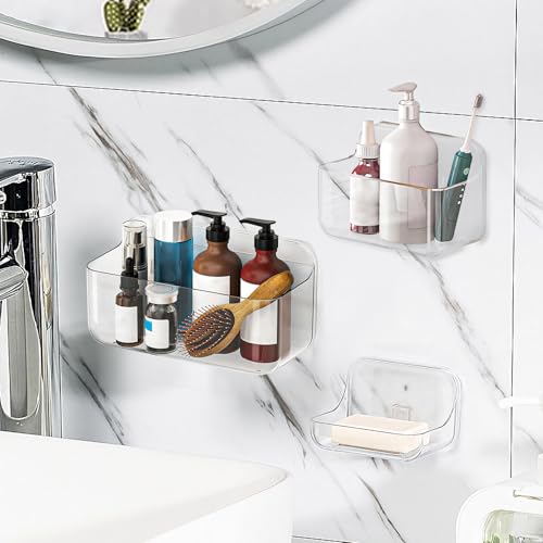 Diesisa 3pc Acrylic Wall Mount Organizer, Adhesive Clear Shower Caddies,Acrylic Soap Basket for wall,No Drilling Hang Walls,with Self Adhesive Tape, for Bathroom, Kitchen, Living Room - color: Clear - 3 Baskets
