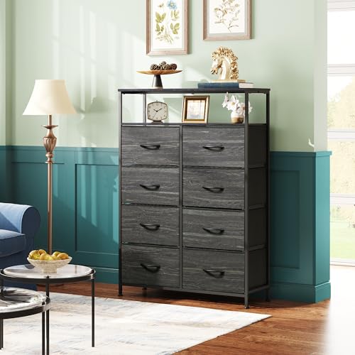 WLIVE Fabric Dresser for Bedroom with Open Shelves, Tall Dresser with 8 Drawers, Storage Tower with Fabric Bins, Chest of Drawers for Closet, Living Room, Hallway, Charcoal Black Wood Grain Print - color: Charcoal Black Wood Grain Print, style: Raised She