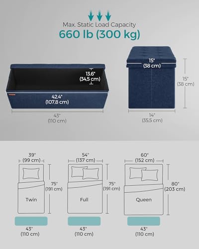 SONGMICS Mazie Collection - 43 Inches Storage Ottoman, Foldable Storage Bench with Flipping Lid, 660 lb Load Capacity, for Entryway, Living Room, Bedroom, Midnight Blue ULSF076Q02 - color: Midnight Blue, size: 15"D x 43"W x 15"H