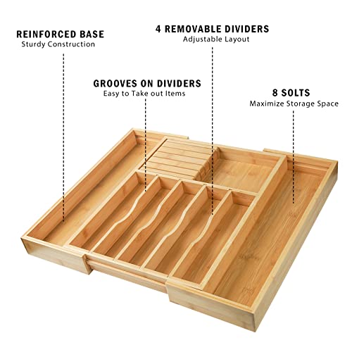 Wencrfat Silverware Drawer Organizer with Removable Knife Block and Dividers, Expandable Bamboo Kitchen Drawer Organizer, Flatware Utensil Cutlery Organizer for Drawer 8 Compartments