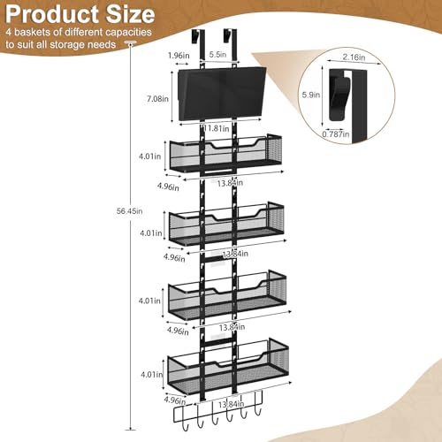 Hongtamoya Adjustable Over The Door Organizer, Closet Door Organizer Heavy Duty Hanging Door Storage with 4 Metal Baskets and PVC Pocket, Behind Organizer for Bathroom Closet Bedroom Cabinet, Black - color: Black