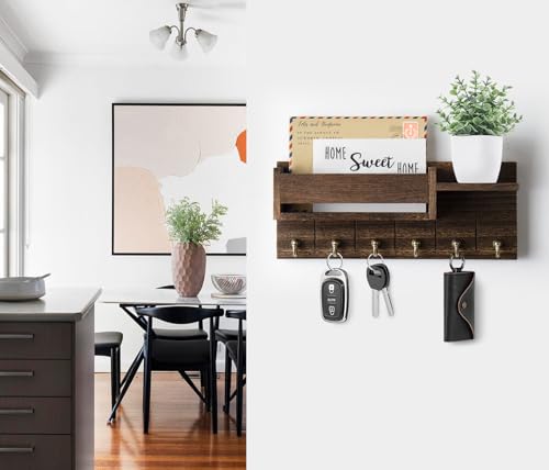 RelaxScene Key Holder Wall Mount - Decorative Key Rack and Mail Organizer with 6 Key Hooks - Wooden Key Hanger with Shelf for Living Room Decor - Rustic Farmhouse Home Entryway Aesthetic Essentials - color: Brown, size: M(12''x4.8'')