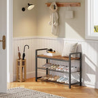 HOOBRO Shoe Rack Bench for Entryway, 3-Tier Industrial Shoe Storage Organizer with Wood Top and Side Handles, 29.5" Freestanding Storage Bench for Small Spaces, 220 lb Capacity, Rustic Brown BF32HX01
