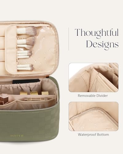 Prite Makeup Bag, Large Capacity Portable Travel Cosmetic Bag, Waterproof Makeup Organizer for Women with Handle and Divider (001 Checkered Green) - color: 001 Checkered Green