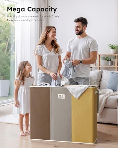 SOLEDI 180L 3-Section Laundry Hamper with Lid, Extra Large Dirty Clothes Basket with Sturdy Handles for Laundry Room & Bedroom - Durable Organizer for Sorting Laundry - color: Brown/Grey/Yellow, size: 180L