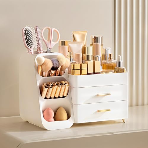 HBlife Makeup Organizer with Brush Holder for Vanity, Large Plastic Bathroom Countertop Organizer Skin Care Storage, Easy to Store Lipsticks, Nail Polishes, Perfumes, Eyeshadow Palettes, All White - color: All White, size: Large