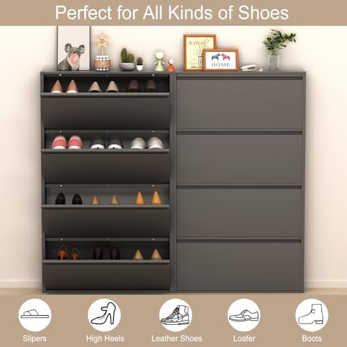 LUCYPAL Shoe Cabinet with 4 Flip Drawers,Slim Shoe Storage Cabinets for Entryway,Black Narrow Wall Shoe Cabinet for Hallway,Living Room, Bedroom - color: Black, size: 4 Drawers