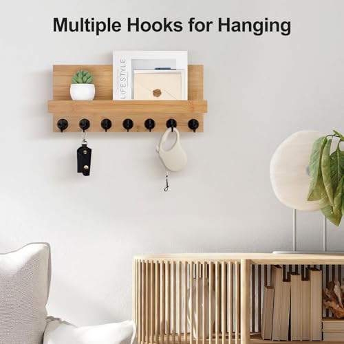 Lwenki Key Holder Wall Mount, Entryway Key and Mail Holder with 7 Sturdy Hooks for Sunglasses, Dog Leash, Decorative Wall Shelf with Mounting Hardware, 15”W x 6.7”H x 4.2”D - color: Bamboo