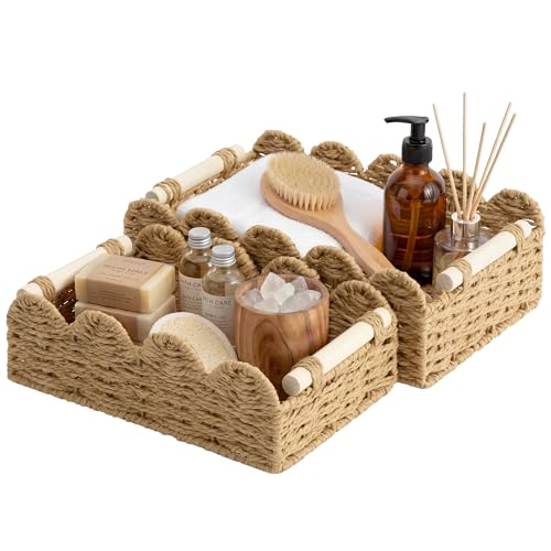 StorageWorks Toilet Paper Storage Basket, Living Room Organizers and Storage, Toilet Paper Basket with Wooden Handles, Small Paper Rope Scalloped Basket, Brown - color: Paper Rope(Brown), size: 11¾" L × 7¾" W × 4" H