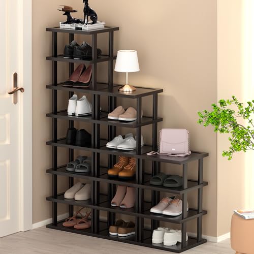 Vertical Shoe Rack - Tall Narrow Shoe Rack Organizer for Small Spaces,17 Tier Bamboo Shoen Shelf for Entryway,Closet,Corner,Doorway,Skinny Shoe Shelf Space Saving Shoe Storage,Free Stackable DIY - color: Black, size: 17-tier