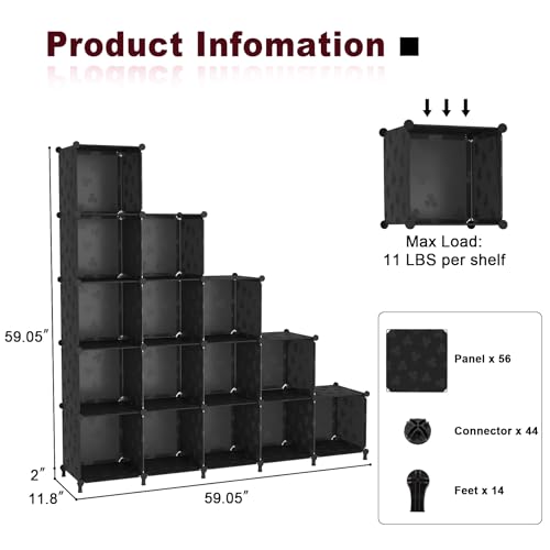 UNKU Cube Storage Organizer, 16 Cube Closet Organizer Storage Shelves, DIY Stackable Bookcase, Clothes Organizer Shelf for Closet, Bedroom, Living Room, Cabinet, Home, Office, Black - color: Black, size: 15cube
