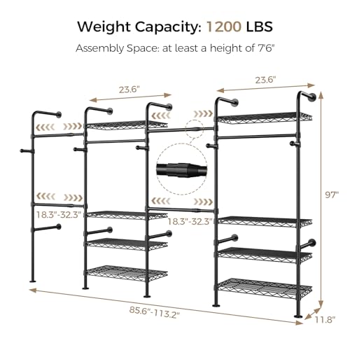 Closet Organizers and Storage, 4-Row Heavy Duty Clothes Rack for Hanging Clothes, Wall Mounted Closet System with 4 Telescopic Rods, 2 Fixed Rods, 5 Hooks, 8 Shelves for Wardrobe, Bedroom, Small Space - style: 4-Row
