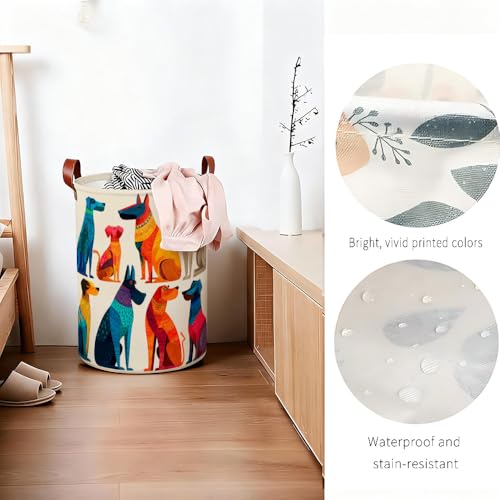 Laundry Basket 15.7 x 19.7 Inch Foldable Fabric Clothes Hamper with Colorful Cartoon Dog Pattern Leather Handles Storage Bin for Kids Bedroom Laundry Room and Pet Owner Home Décor - color: Colorful585