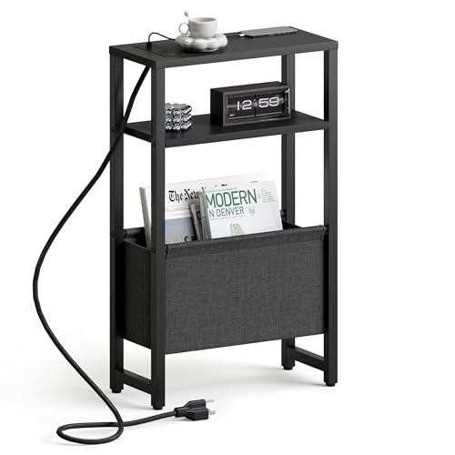 Narrow Side Table with Charging Station, Slim End Table with Magazine Rack, Bedside Table for Small Spaces, 3 Tier Sofa Couch Table Nightstand for Living Room, Bedroom, Black LET503BE - color: Black