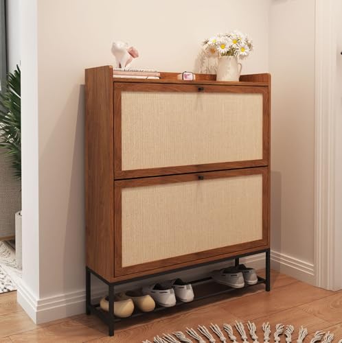 AVZEAR Freestanding Shoe Organizer with 2 Flip Drawer Doors, Entryway & Closet Shoe Storage, Linen Doors, Walnut - color: Walnut, size: 2 Drawers Single Layer