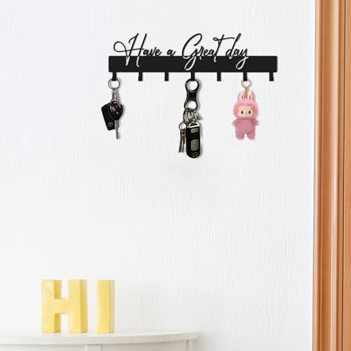 Have a Great Day Key Hooks for Wall Decoration,Delicate Fashion Black Metal Key Holder Wall Mount,Have a Great Day Key Hanger with 7 Kooks for Hallway,Office - color: Have a Great Day